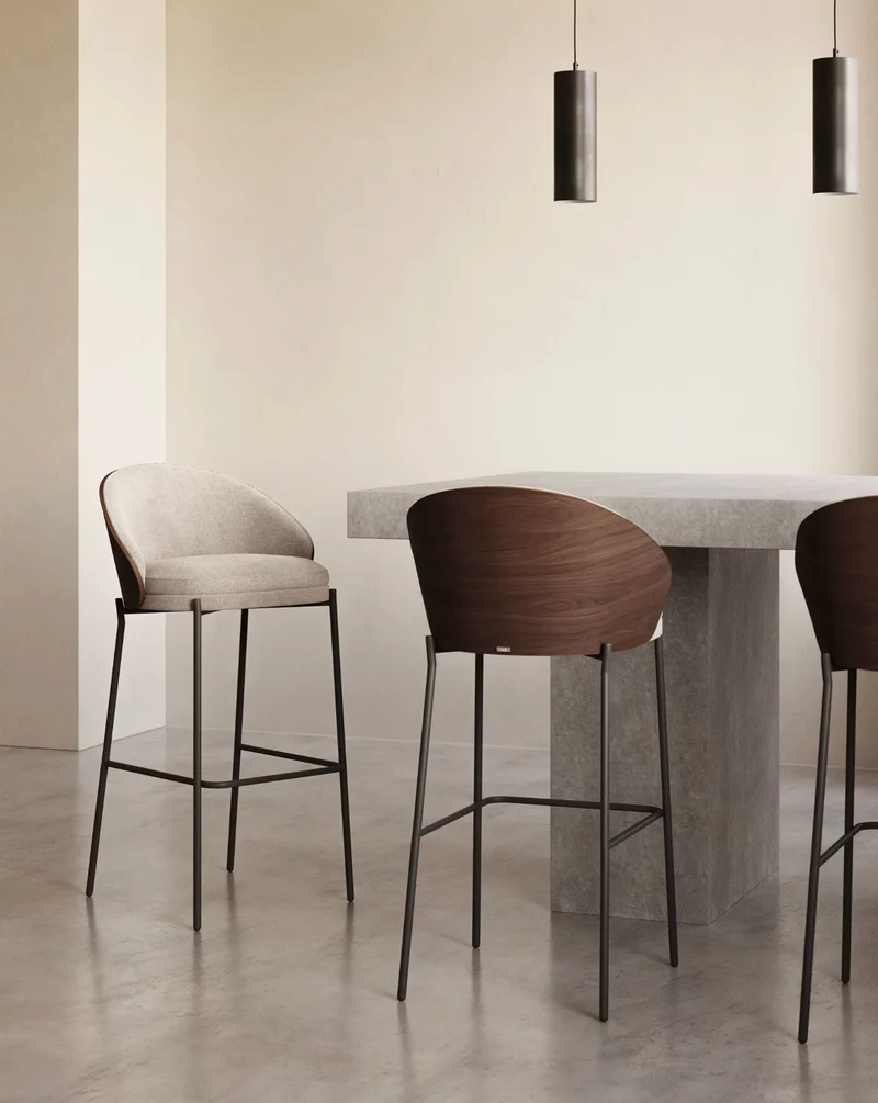 Eamy Stool Light Brown Chenille & Walnut Finish 65 cm