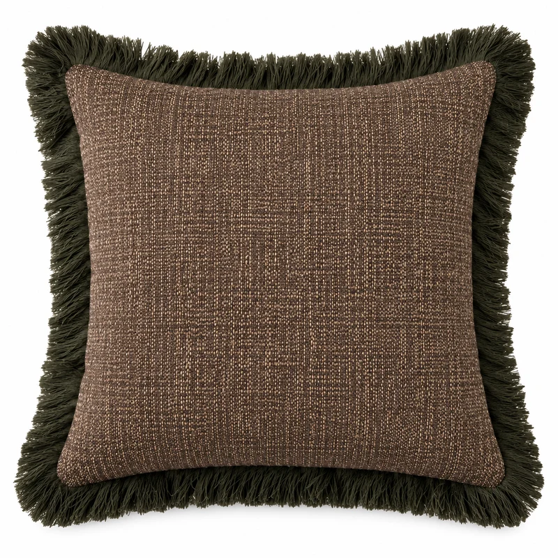 Coussin décoratif uni texturé brun et franges kaki – Savu 50x50