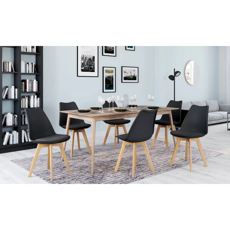 Chaises Nordia assise noire et pieds bois - lot de 6