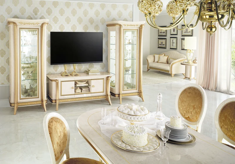 Fauteuil de table classique beige et or avec accoudoirs - Melodia