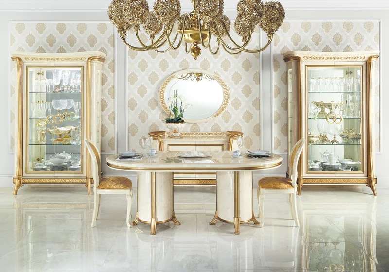 Fauteuil de table classique beige et or avec accoudoirs - Melodia