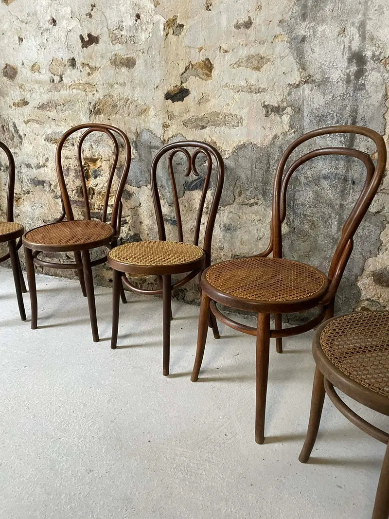 Lot de 5 chaises bistrot en bois courbé et cannage