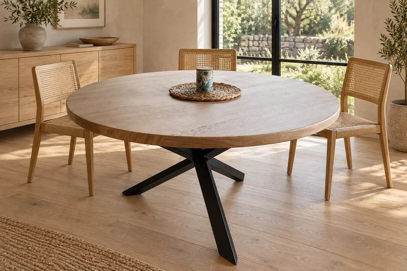 Table en chêne massif plateau rond avec pieds en diamant - EQUINOXE