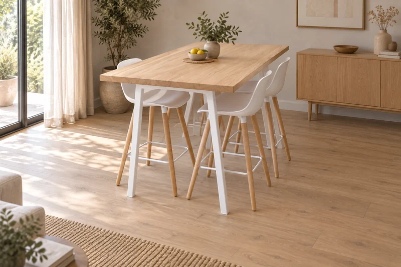 Table en chêne massif et pieds trapèze inversés sans barre au sol - AUBE