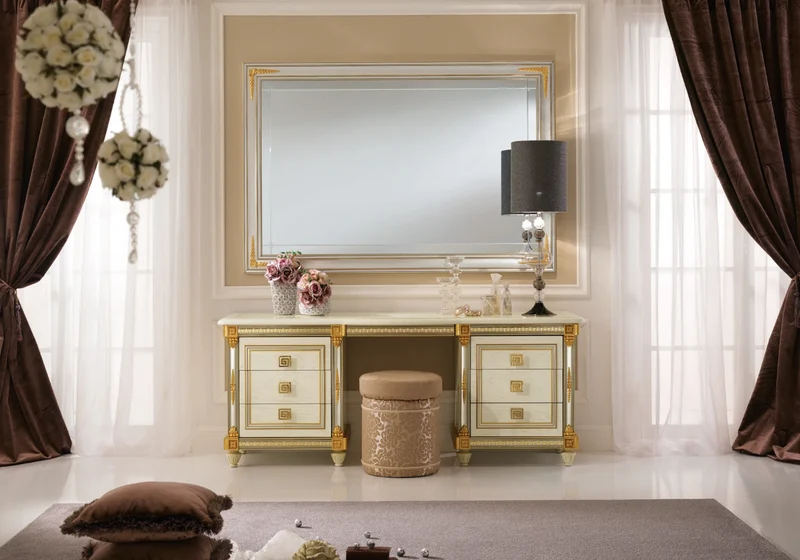 Grand miroir de buffet rectangulaire blanc et doré - Liberty