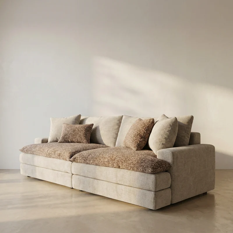 Canapé ROMA velours beige et surcoussins bouclette marron