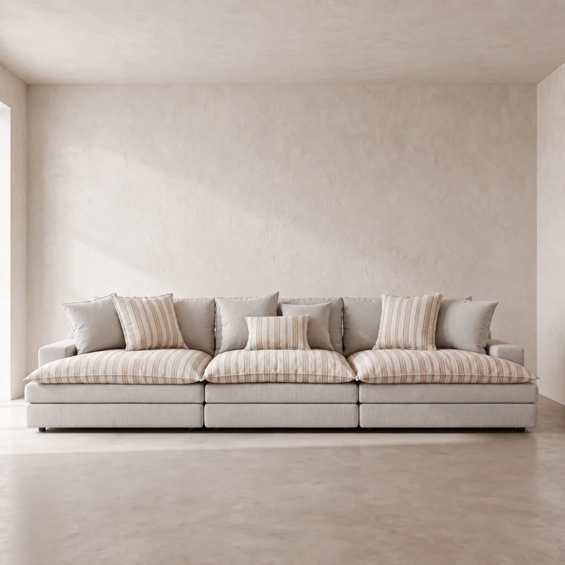 Canapé Roma Beige et surcoussins rayures 357cm