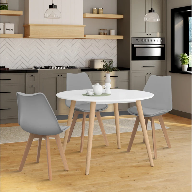Table repas Stacy 110cm plateau rond blanc et pieds bois