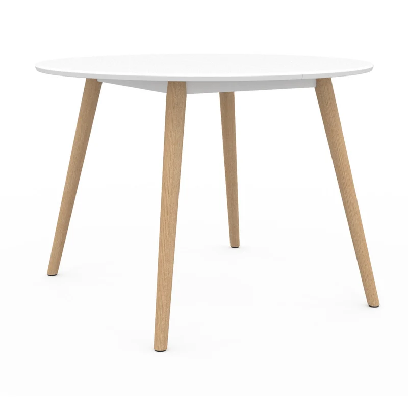 Table repas Stacy 110cm plateau rond blanc et pieds bois
