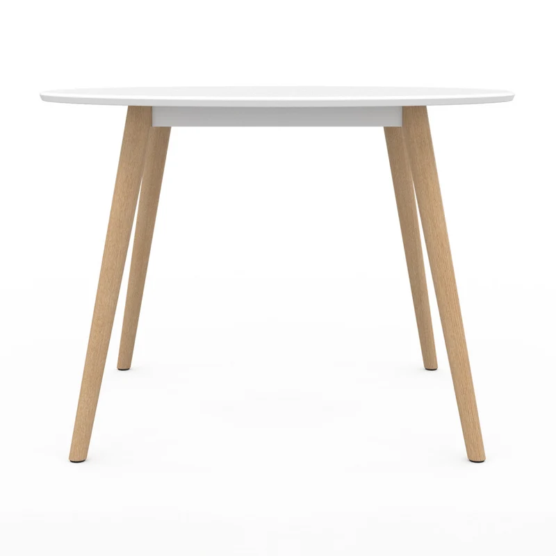 Table repas Stacy 110cm plateau rond blanc et pieds bois