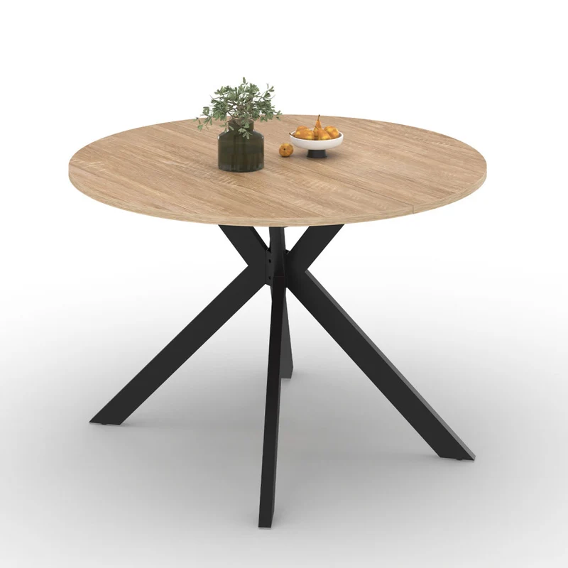 Table repas Spider plateau extensible 110-200cm rond bois et pieds croisés noirs