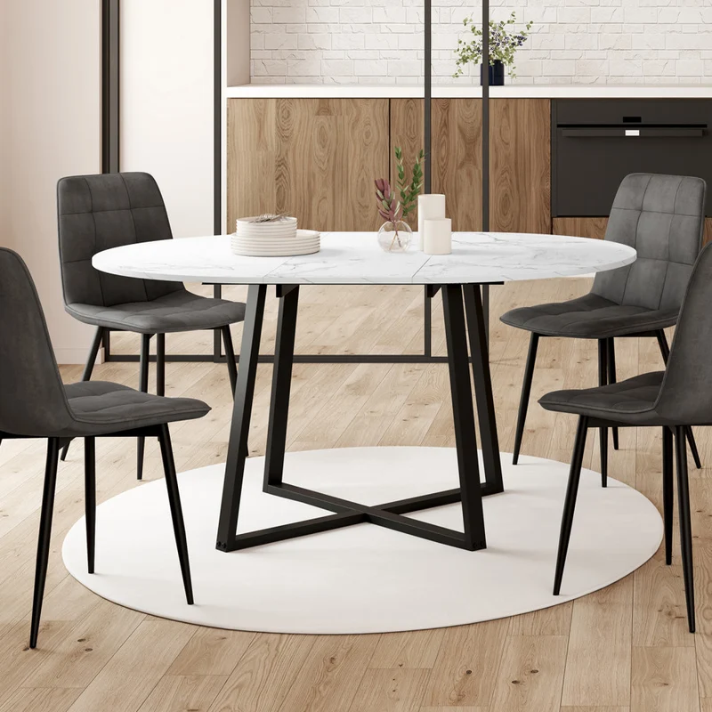 Table repas Sana plateau extensible 110-150cm rond effet marbre et pieds noirs