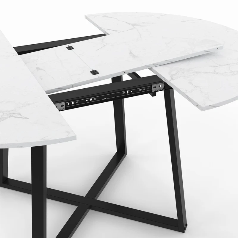 Table repas Sana plateau extensible 110-150cm rond effet marbre et pieds noirs