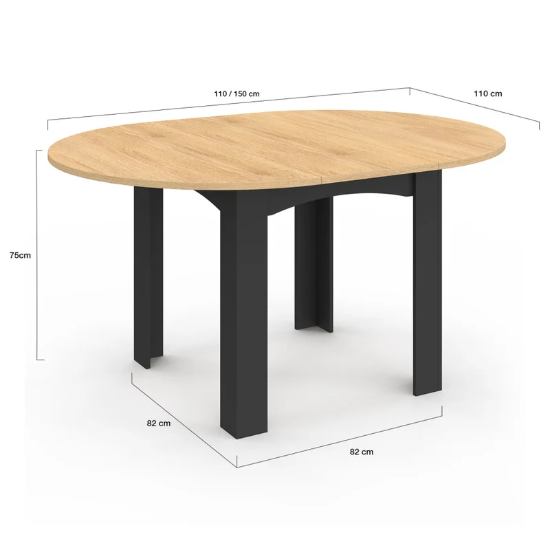 Table repas Dina plateau extensible 110-150cm rond et pieds noirs