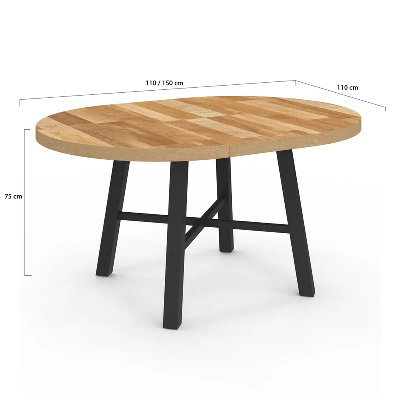 Table repas Mathilde plateau extensible 110-150cm bois et pieds noirs
