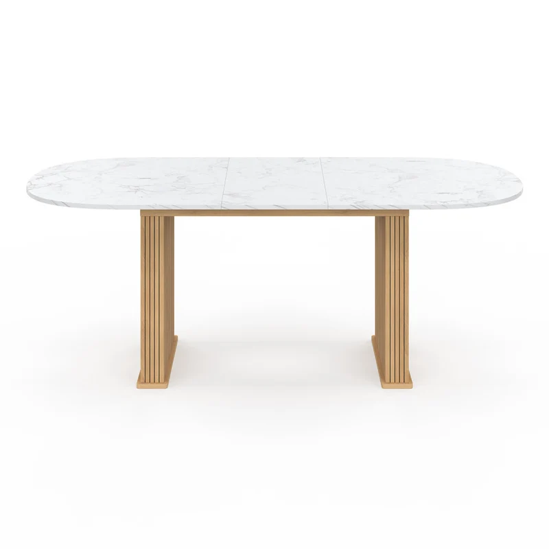 Table repas Marceau plateau extensible 160-200cm arrondi effet marbre et pieds lattes