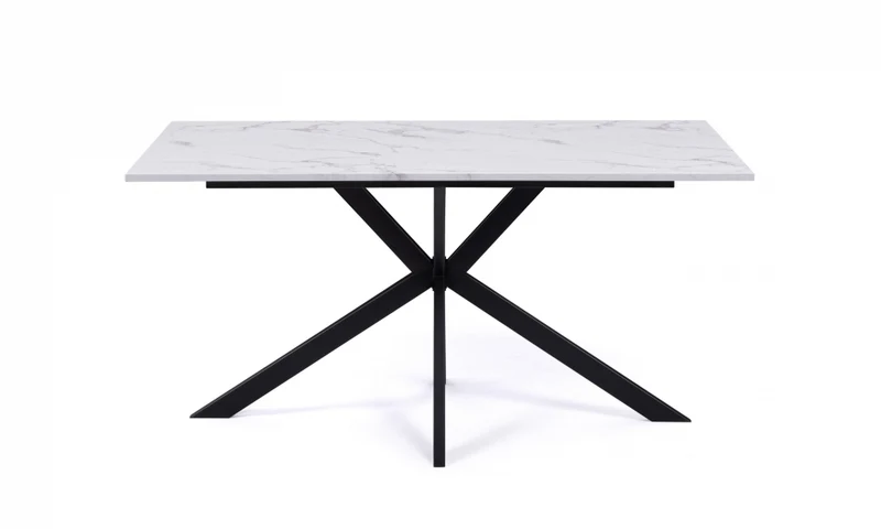 Table repas Glam 160cm plateau effet marbre blanc et pieds croisés noirs