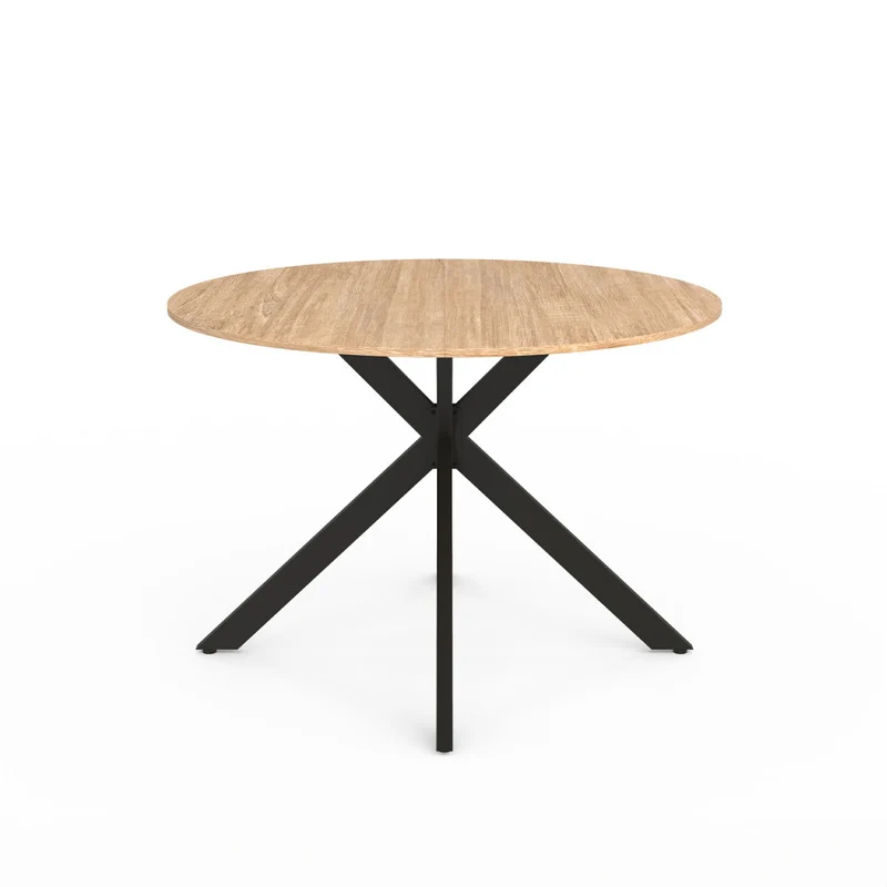 Table repas extensible Soline 110-150cm plateau rond bois pieds croisés noirs