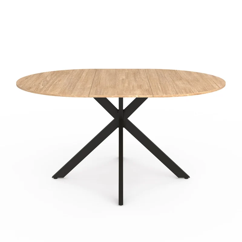 Table repas extensible Soline 110-150cm plateau rond bois pieds croisés noirs