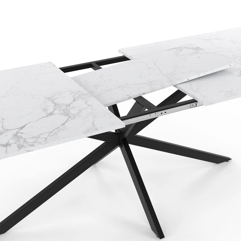 Table repas Glam plateau extensible 200-240cm effet marbre blanc et pieds croisés noirs