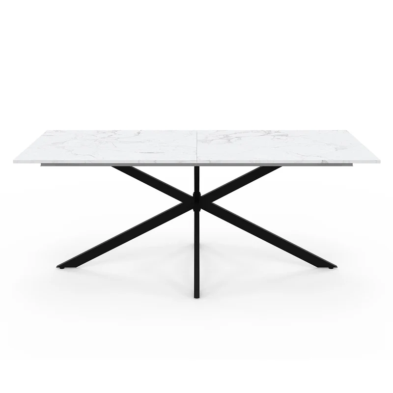 Table repas Glam plateau extensible 200-240cm effet marbre blanc et pieds croisés noirs