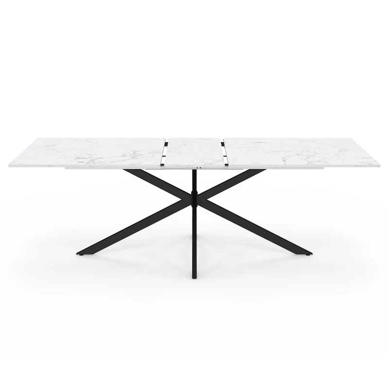 Table repas Glam plateau extensible 200-240cm effet marbre blanc et pieds croisés noirs