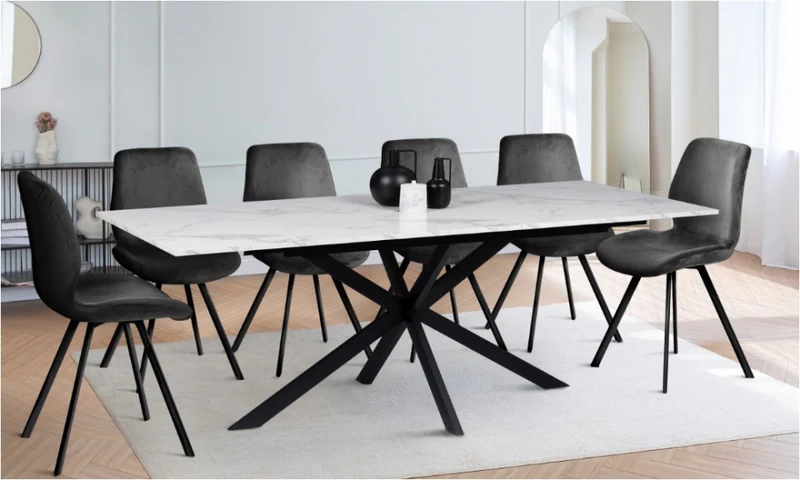 Table repas Glam plateau extensible 160-200cm effet marbre blanc et pieds croisés noirs