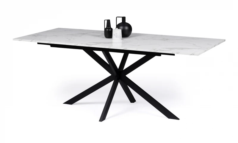 Table repas Glam plateau extensible 160-200cm effet marbre blanc et pieds croisés noirs