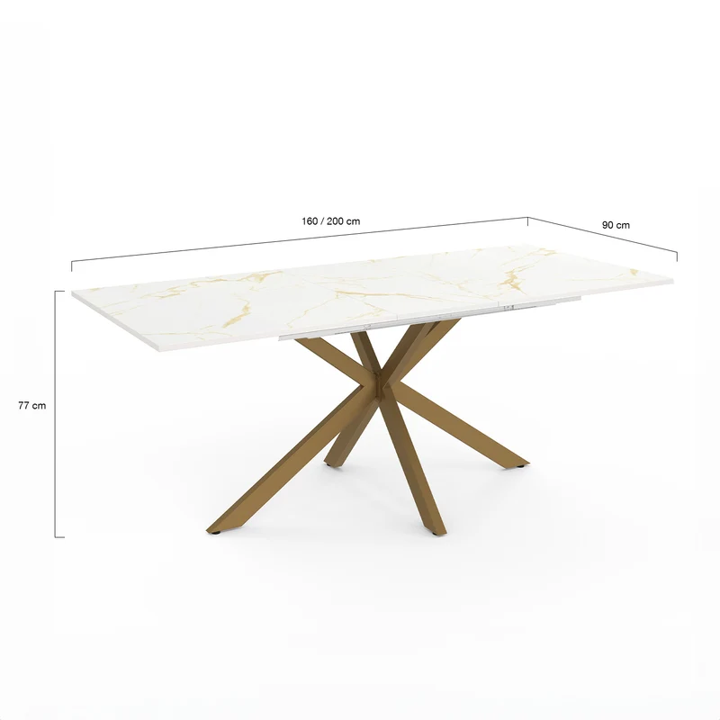 Table repas Glam plateau extensible 160-200cm effet marbre blanc et pieds croisés dorés