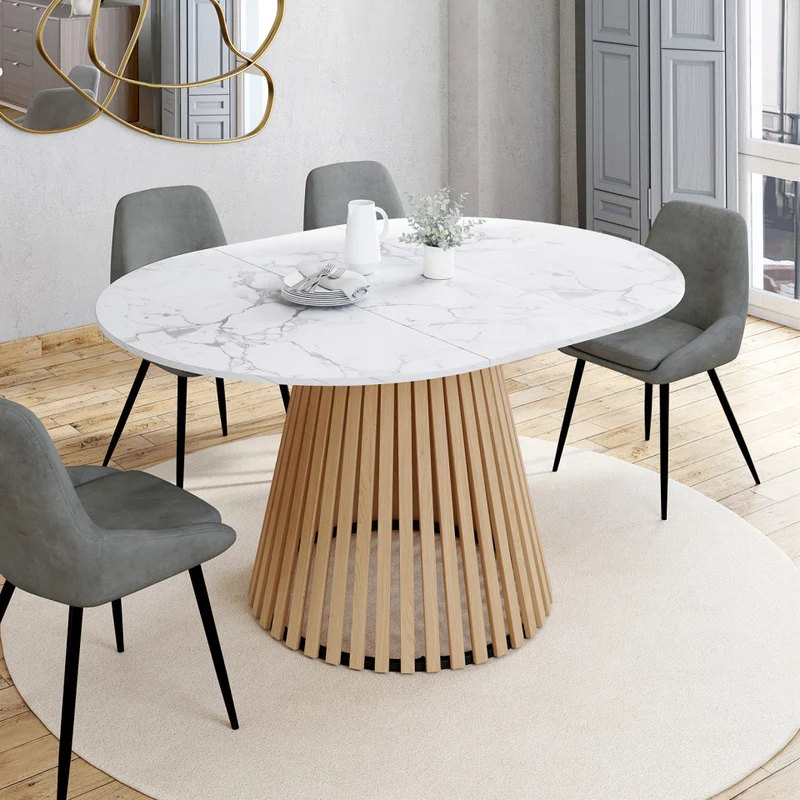 Table repas Camélia plateau rond extensible 110-150cm effet marbre blanc et pieds lattes