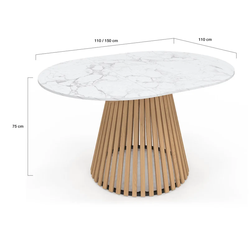 Table repas Camélia plateau rond extensible 110-150cm effet marbre blanc et pieds lattes