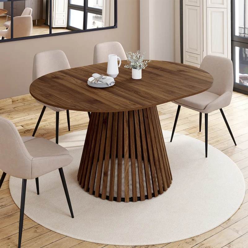 Table repas Camélia plateau rond extensible 110-150cm effet noyer et pieds lattes