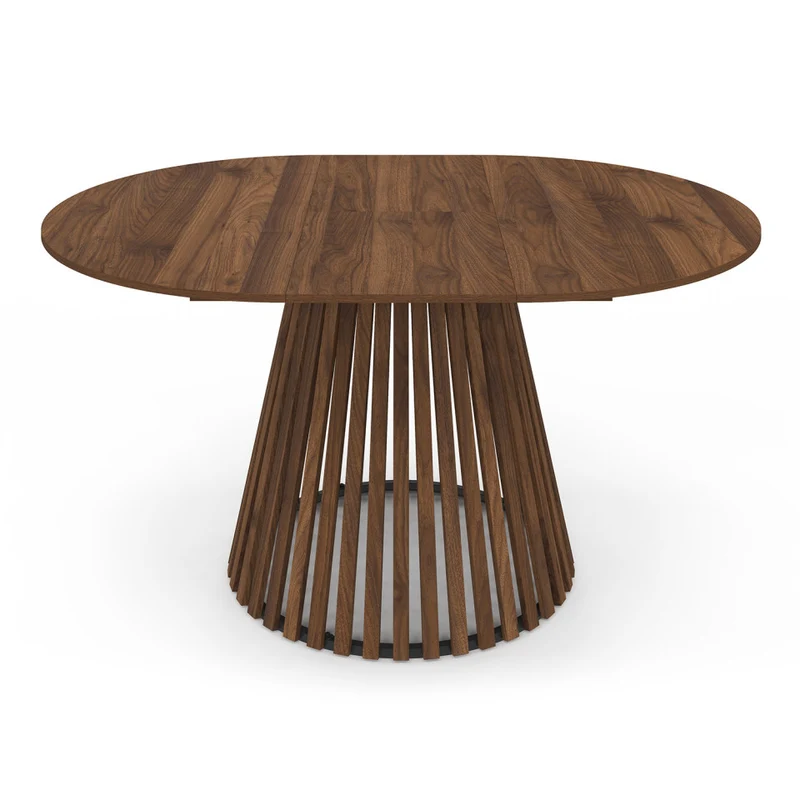 Table repas Camélia plateau rond extensible 110-150cm effet noyer et pieds lattes