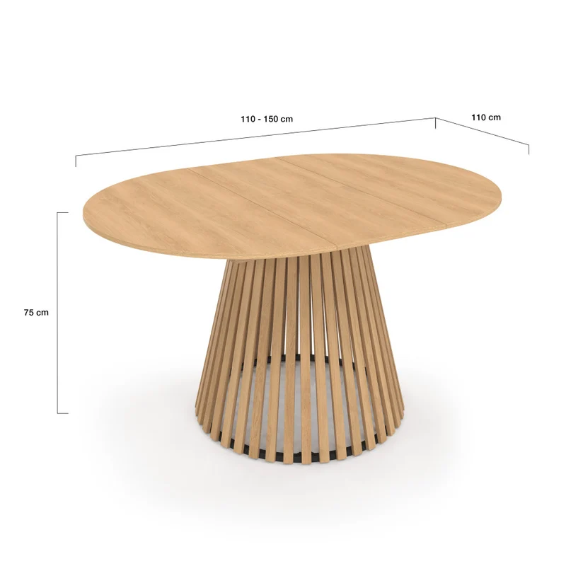 Table repas Camélia plateau rond extensible 110-150cm et pieds lattes