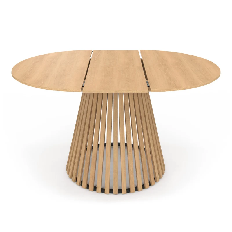 Table repas Camélia plateau rond extensible 110-150cm et pieds lattes