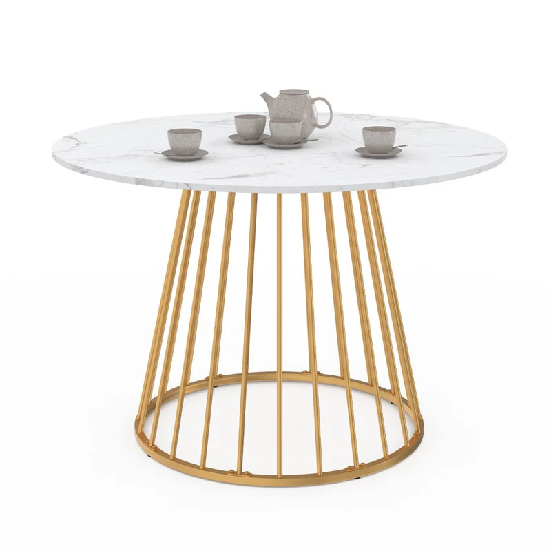 Table repas Adelle plateau rond effet marbre 110cm et pied filaire doré