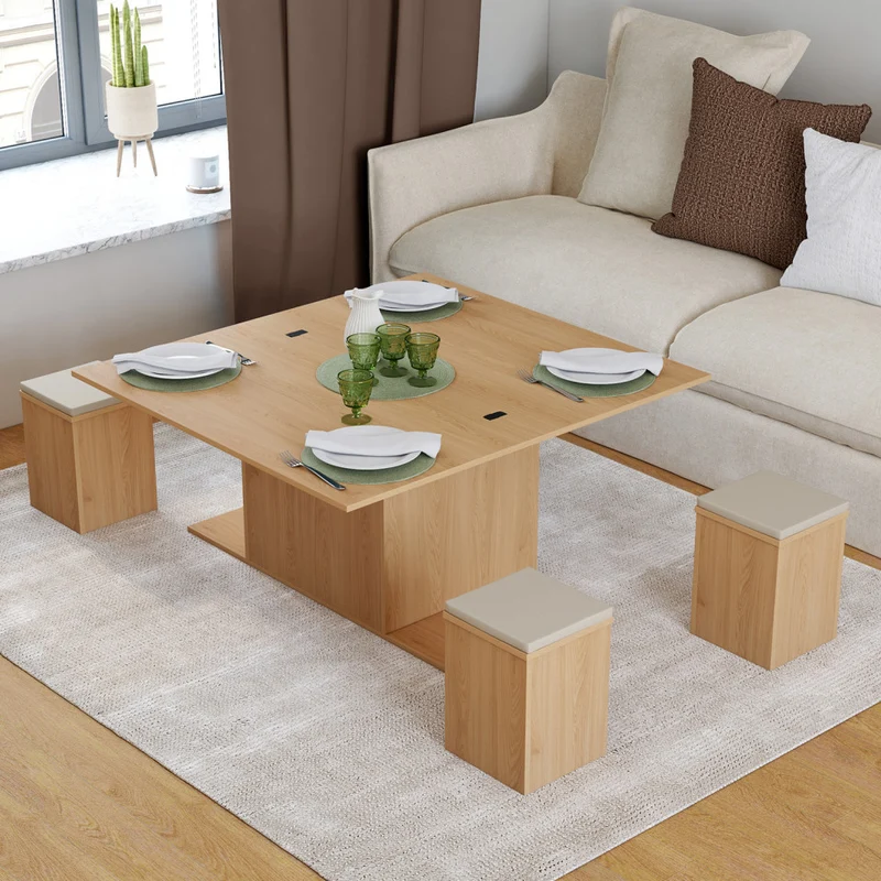 Table basse Tania 2 en 1 avec plateau dépliant et 4 assises