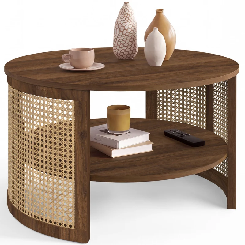 Table basse ronde Eve cannage effet noyer Ø70cm