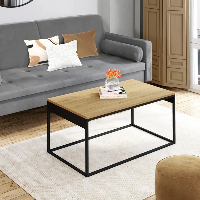Table basse Memphis avec plateau relevable bois et pieds noirs L90cm