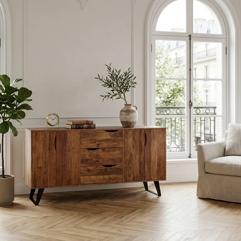 Buffet bas 4 portes 3 tiroirs en bois massif acacia - Bunting