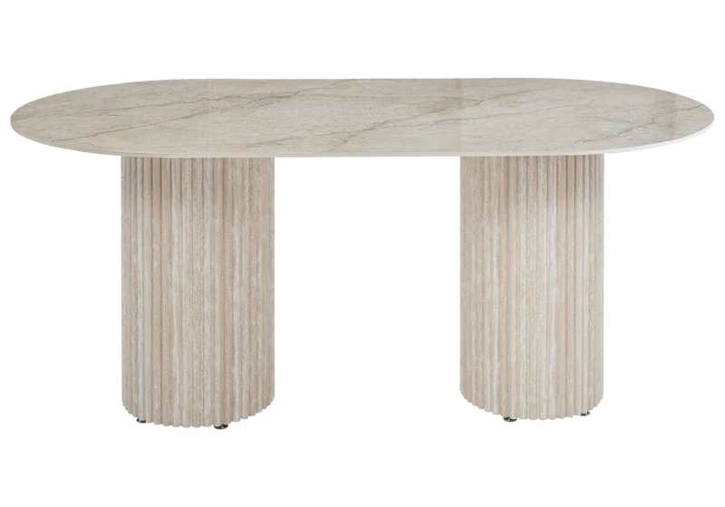 Table à manger ovale marbre brun et pieds travertin - Tivoli