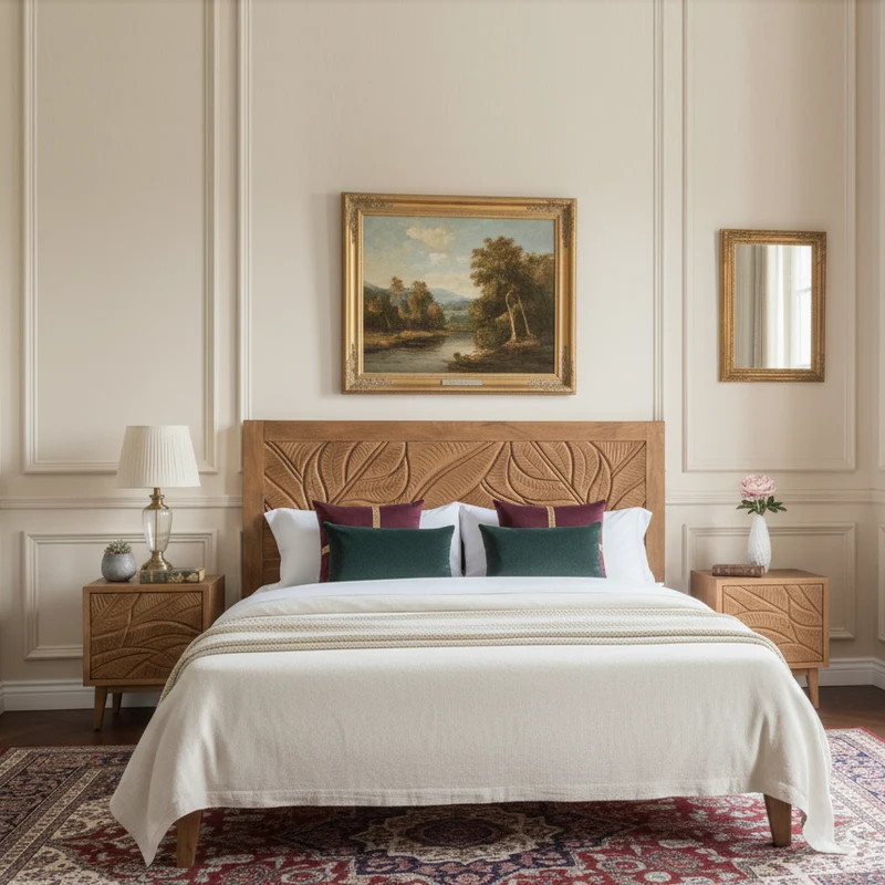 Lit sculpté 160 cm en bois massif manguier - Floria