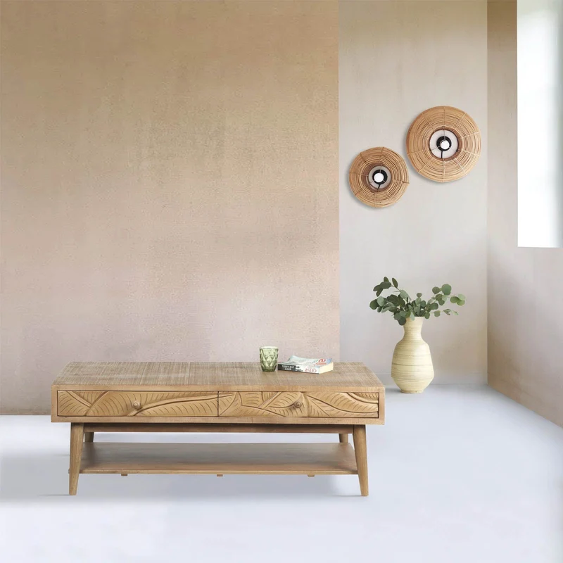 Table basse rectangle 2 tiroirs en bois massif manguier - Floria