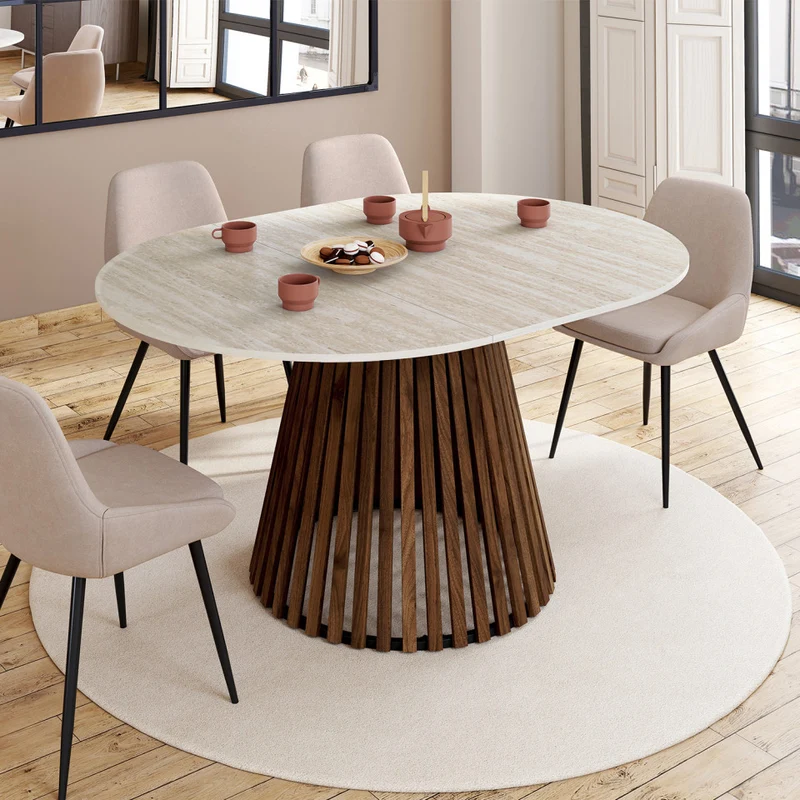 Table à manger ronde extensible Camélia Ø110-150cm effet travertin