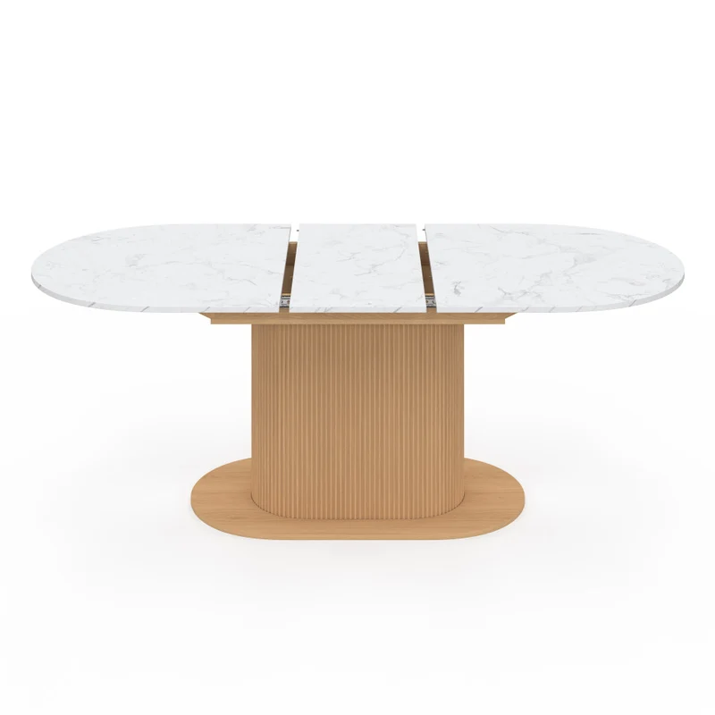 Table à manger extensible Maria effet marbre blanc et pied lattes 160-200cm