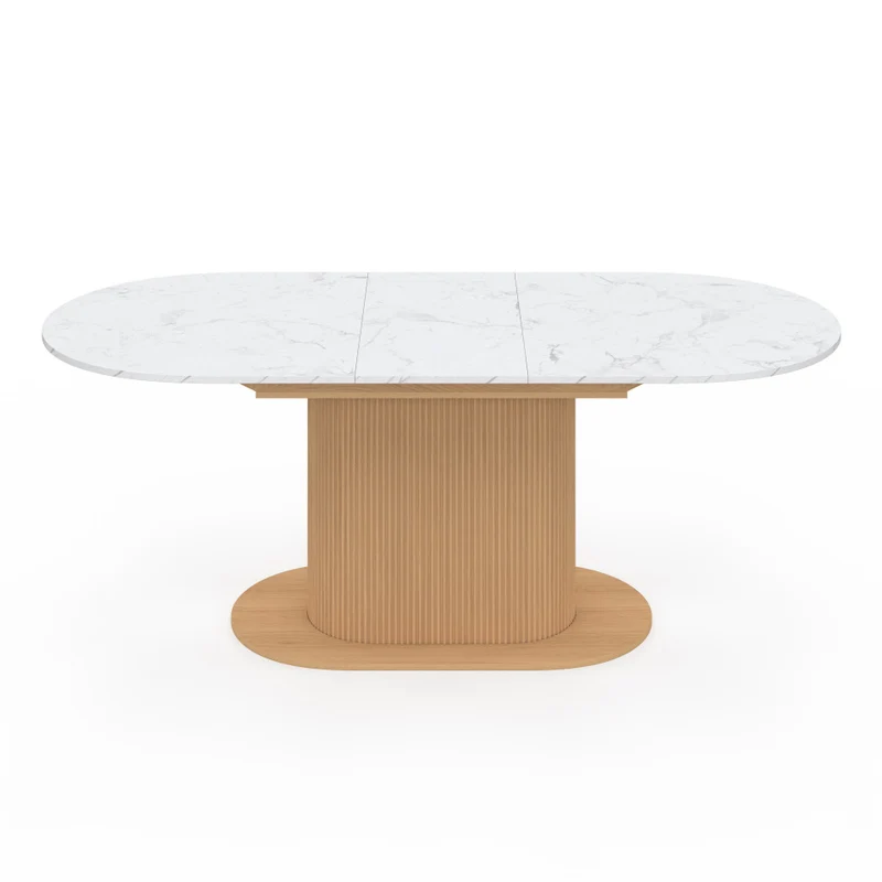 Table à manger extensible Maria effet marbre blanc et pied lattes 160-200cm
