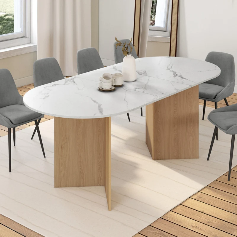 Table à manger extensible Gabin effet marbre blanc et pieds design 160-200cm