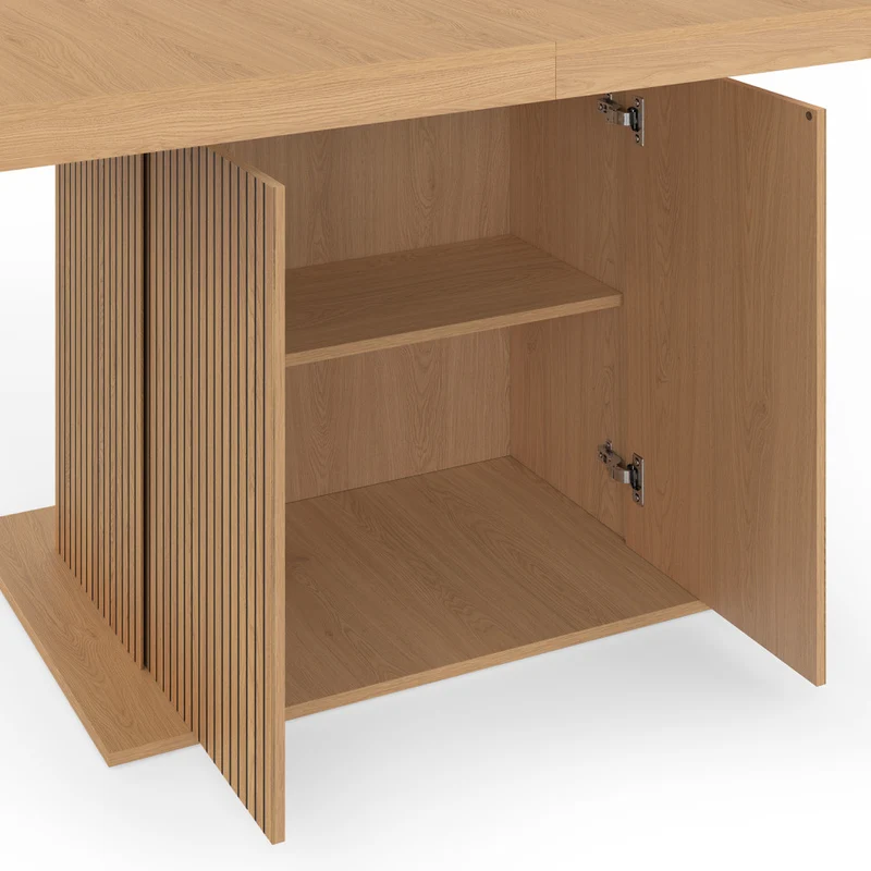 Table à manger extensible Faustine bois et pied lattes avec rangement intégré 160-200cm