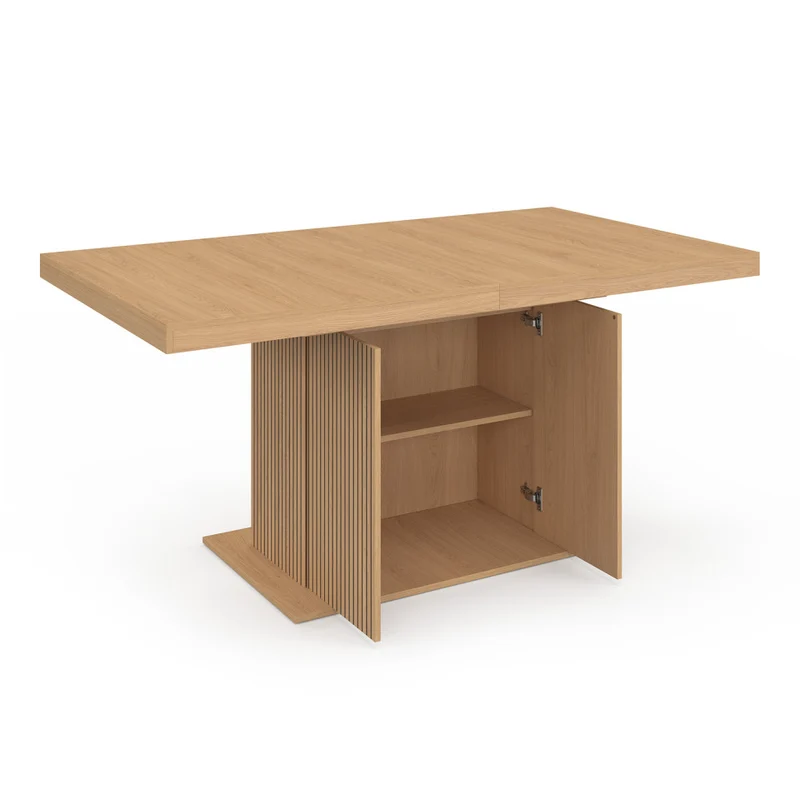 Table à manger extensible Faustine bois et pied lattes avec rangement intégré 160-200cm