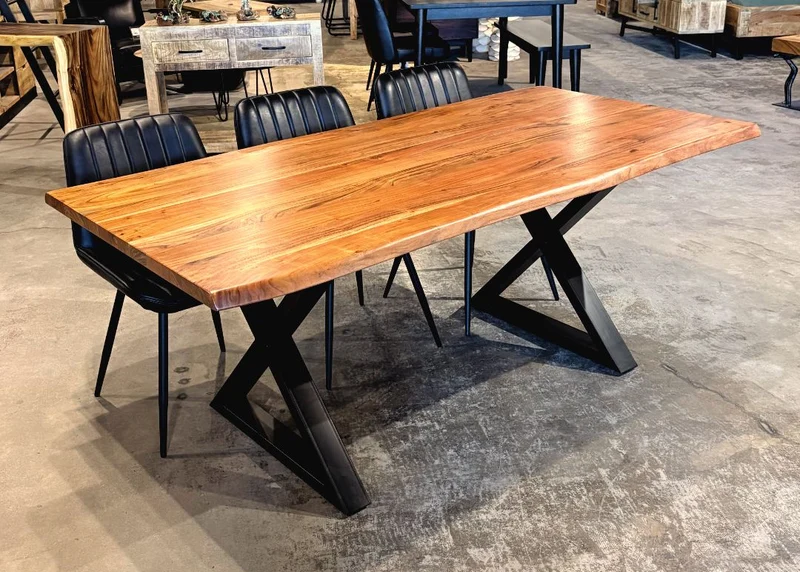 Table à dîner acacia 1.5" bord naturel champagne base X